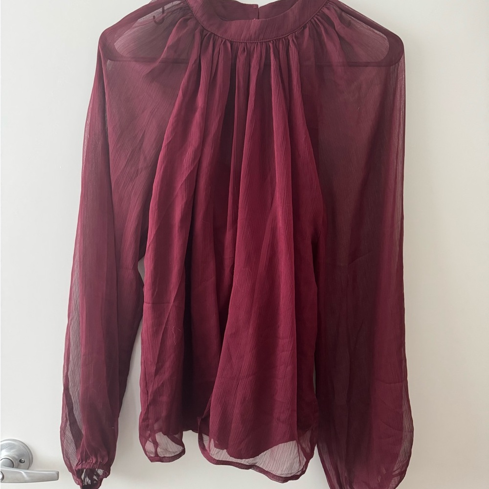 Lulus Burgundy Long-Sleeve Blouse Sheer Sleeves